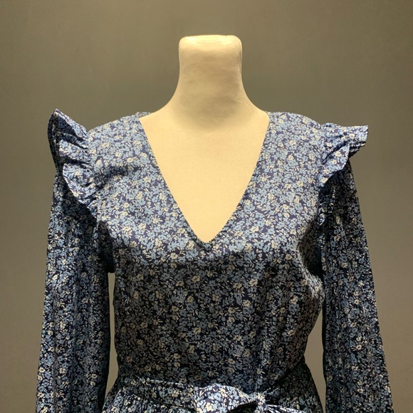 J.Crew Sz Small Long Sleeve Blue Floral Print Belted Dress - Picture 2 of 7